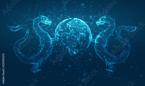 vector long dragon snake on a deep dark blue background in the style of magic glowing threads