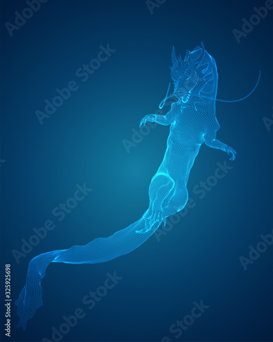 vector long dragon snake on a deep dark blue background in square 3D polygon style