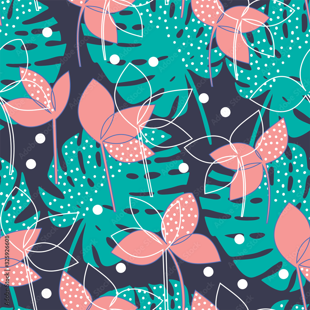 Seamless exotic pattern with tropical leaves. Vector hand drawn background, bright summer pattern for fabric.