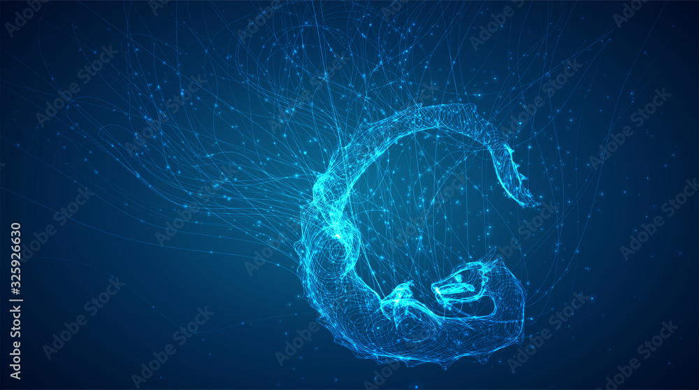 Fototapeta vector long dragon snake on a deep dark blue background in the style of magic glowing threads