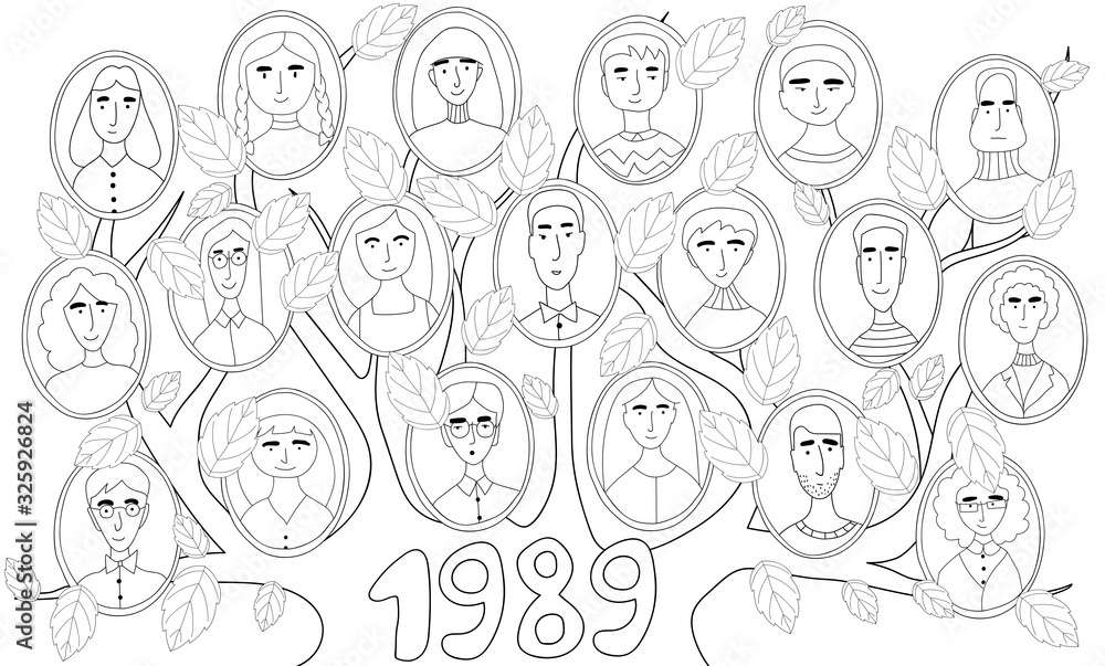 Group photo of graduates, oval portraits of people united by a tree, family tree, friends in black and white, children's coloring Group photo of graduates, oval portraits of people united by a tree, family tree, friends in black and white, children's coloring