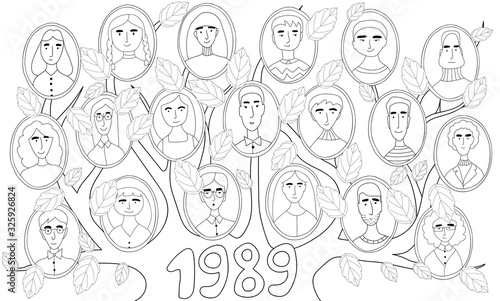 Group photo of graduates, oval portraits of people united by a tree, family tree, friends in black and white, children's coloring