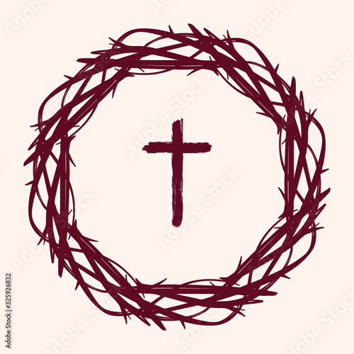 crown of thorns and cross, easter religious symbol of Christianity hand drawn vector illustration sketch