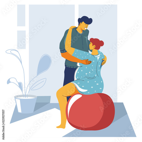 Childbirth preparing, pregnancy fitness, woman exercising on ball