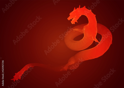 vector long dragon snake on red background in 3d polygon style
