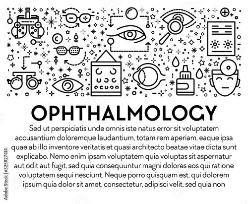 Ophthalmology banner with eyesight check up linear icons and text