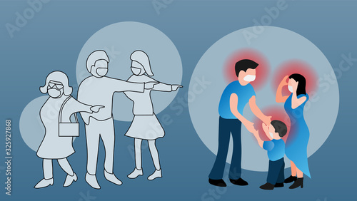 The cartoon illustration picture of  the disease inflected family is bullied by society. ( vector )