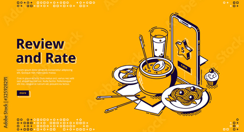 Restaurant rate, customer review isometric landing page, food delivery service mobile app, ramen, noodles, pizza lying near smartphone with star on screen, 3d vector illustration, line art, web banner