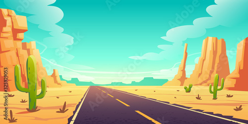 Desert landscape with road, cactuses and rocks. Vector cartoon illustration of highway in Arizona or Mexico hot sand desert with orange mountains. Summer western american landscape
