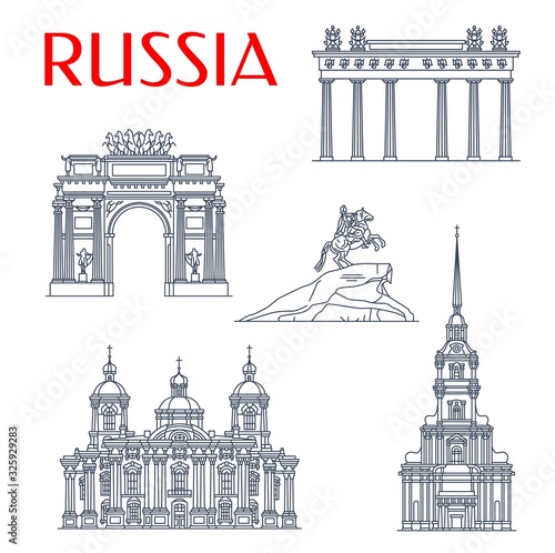 Saint Petersburg travel landmarks, Russia famous architecture and sightseeing symbols. Vector Bronze Horseman monument, Peter and Paul Cathedral, Narva Triumphal Arch and Moscow Gate