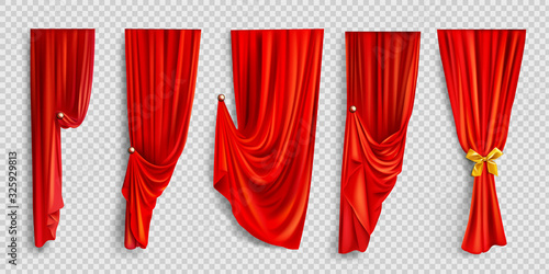 Red window curtains set, folded cloth for interior decoration isolated on transparent background. Soft lightweight clear material, fabric drapery of different forms. Realistic 3d vector illustration