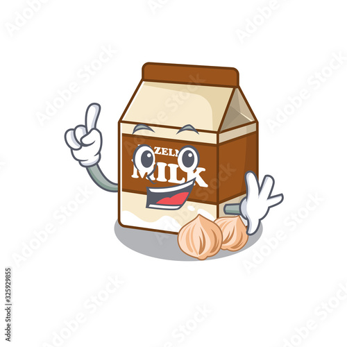 mascot cartoon concept hazelnut milk in One Finger gesture