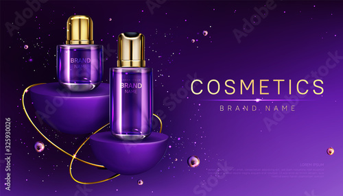 Cosmetics bottles on podium sale banner, beauty skin care cosmetic tubes on hemisphere shape stages, perfume product ad presentation on showroom platform with gold pearls realistic 3d vector