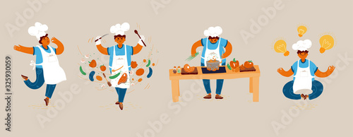 Vector cartoon illustration of home and small restaurant male man cook concepts. Creating Ideas for Cooking, conducting cook process, chef man showing sign for delicious, with taste approval gesture.