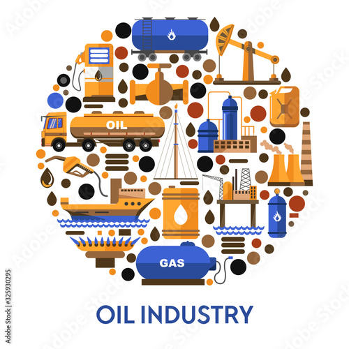 Oil industry banner with icons set in circle and text