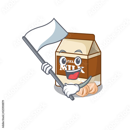 Funny hazelnut milk cartoon character style holding a standing flag photo