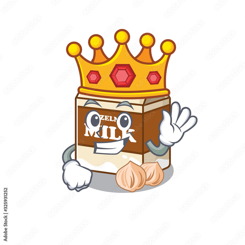 A cartoon mascot design of hazelnut milk performed as a King on the stage A cartoon mascot design of hazelnut milk performed as a King on the stage