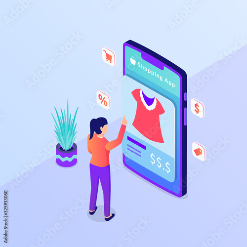 online shopping choose product ecommerce woman clothes on smartphone with isometric style