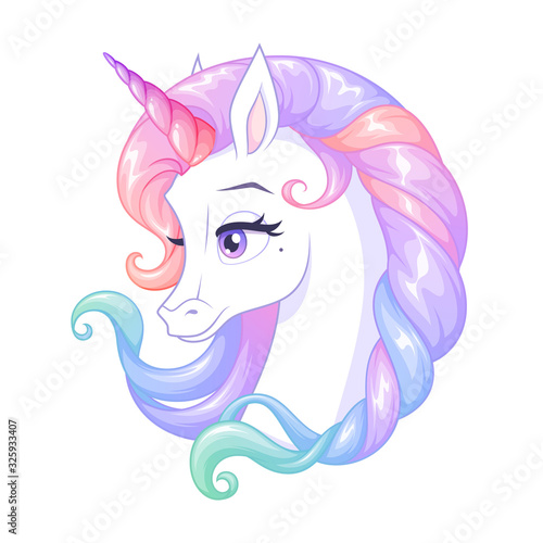 Beautiful white unicorn with pink horn and colorful mane. Isolated vector illustration.