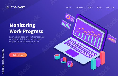 monitoring work progress concept online with computer and data analysis report summary