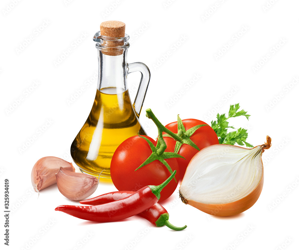 Tomato hot sauce ingredients. Garlic, onion, chili pepper and olive oil in bottle isolated on white background. Tomato hot sauce ingredients. Garlic, onion, chili pepper and olive oil in bottle isolated on white background.