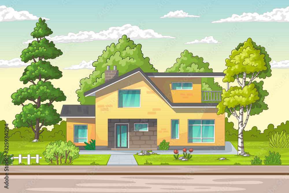 Modern house with large garden on a street in summer. Concept for real ...