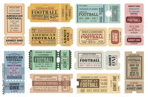 Fototapeta American football game tickets vector set with sport ball. Championship cup match admit one coupons, competition event of stadium or sporting arena retro invitations or access cards