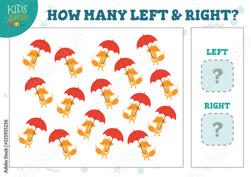 How many left and right cartoon fox kids counting game vector illustration