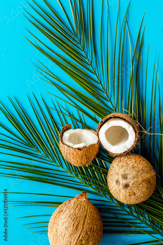 Coconuts and leaves - tropical still life on blue background top-down