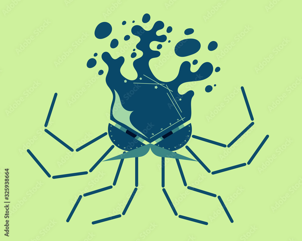 Illustration of blue squid with black eyes and blue-green moustache and eight hands. Illustration of blue squid with black eyes and blue-green moustache and eight hands.
