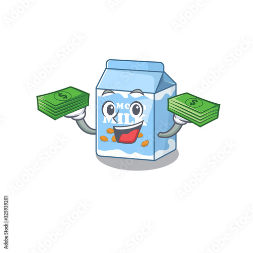 cool rich almond milk character having money on hands photo