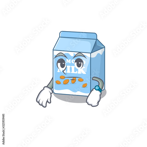 cartoon character design of almond milk on a waiting gesture