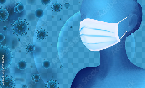 3D female portrait in a medical mask against the background of bacteria, viruses, spores and dust.