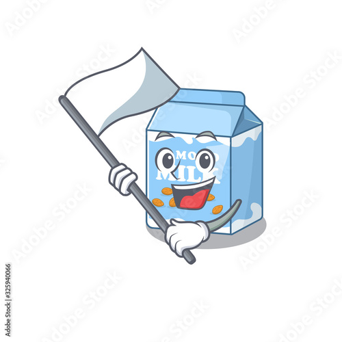 Funny almond milk cartoon character style holding a standing flag photo