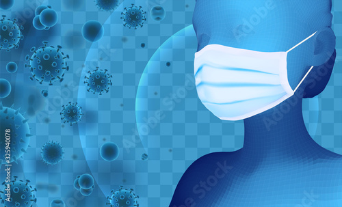 3D female portrait in a medical mask against the background of bacteria, viruses, spores and dust.