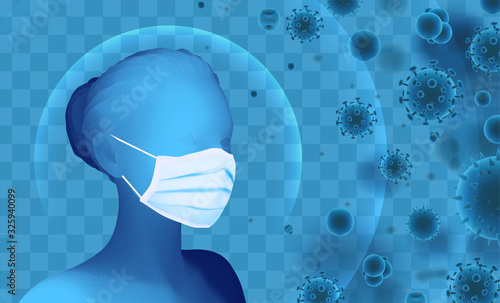 3D female portrait in a medical mask against the background of bacteria, viruses, spores and dust.