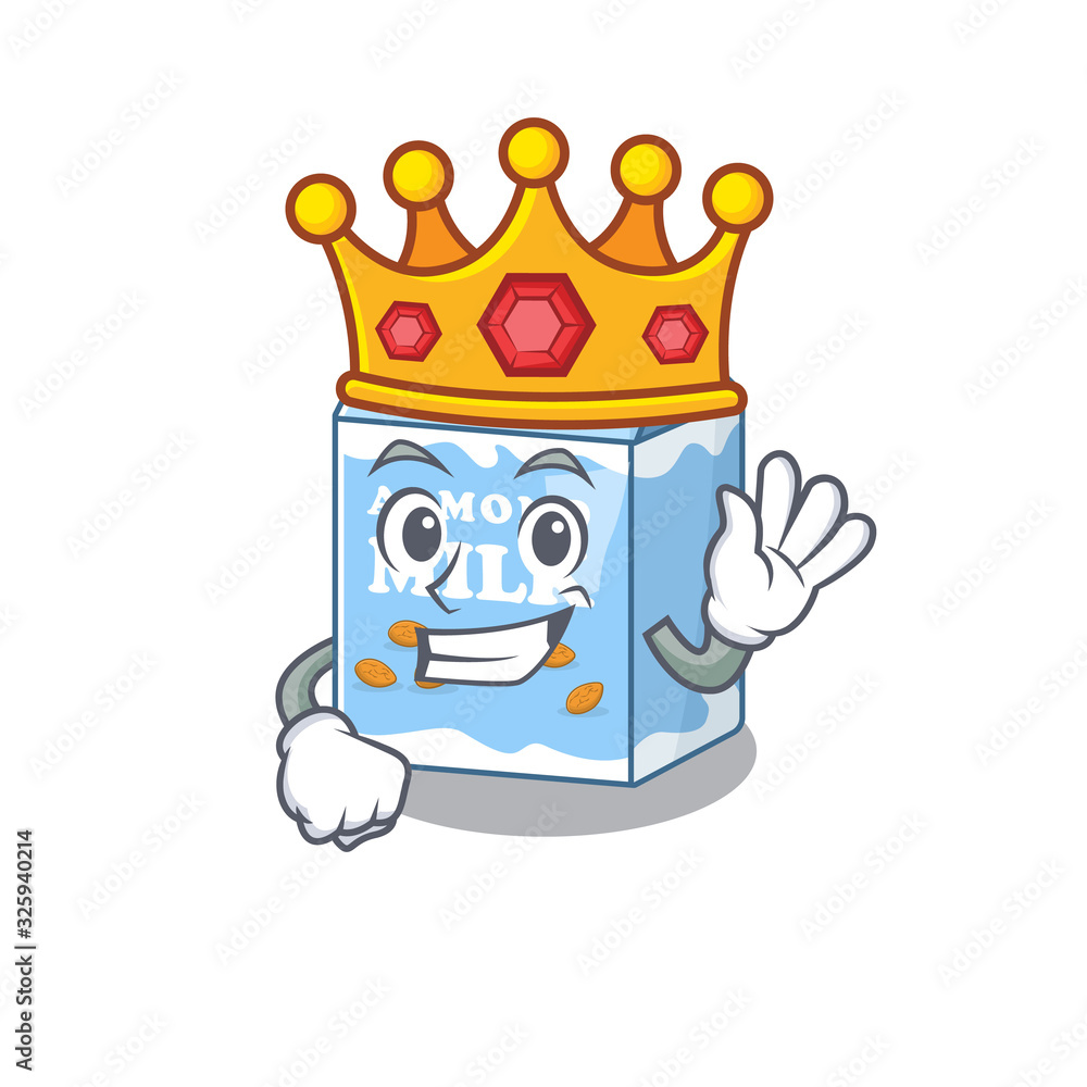 A cartoon mascot design of almond milk performed as a King on the stage A cartoon mascot design of almond milk performed as a King on the stage