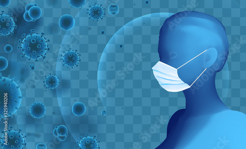 3D female portrait in a medical mask against the background of bacteria, viruses, spores and dust.