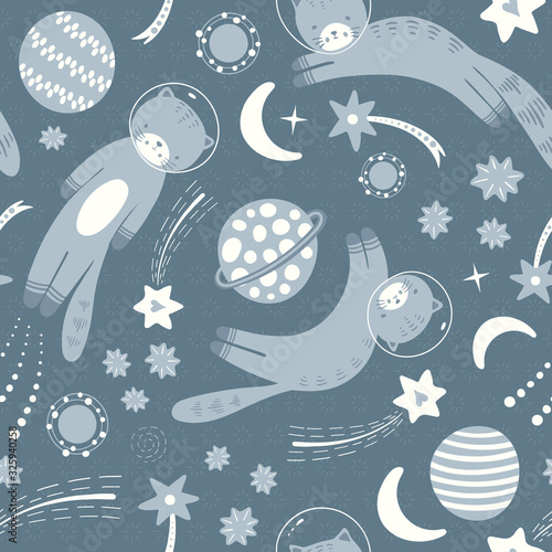 Space cat pattern design. Vector seamless solar system repeat ideal for child and baby projects.