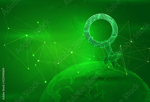 Object over a polygonal planet, on a green background. global data calculation