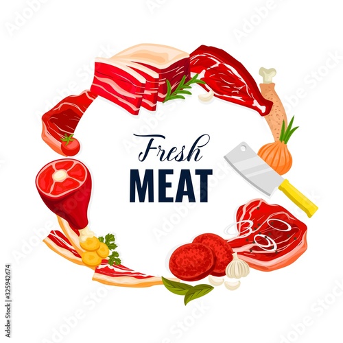 Meat vector food of beef, pork, lamb and chicken. Steaks, barbeque ribs and legs, bacon strips, ham and burgers with butcher knife, garlic and onion, pepper and rosemary frame border