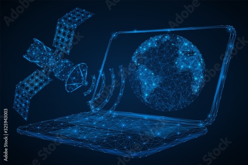 High-speed satellite Internet. Concept of triangular lines and points. An orbiting satellite that gives a signal to a computer. World wide web.