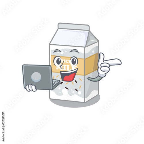 Cool character of rice milk working with laptop