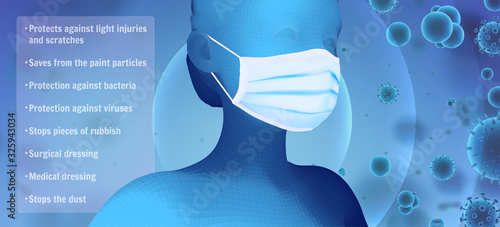 3D female portrait in a medical mask against the background of bacteria, viruses, spores and dust.