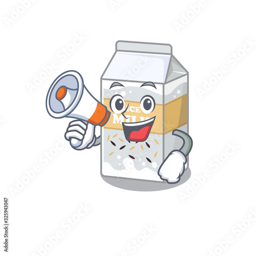 A mascot of rice milk speaking on a megaphone