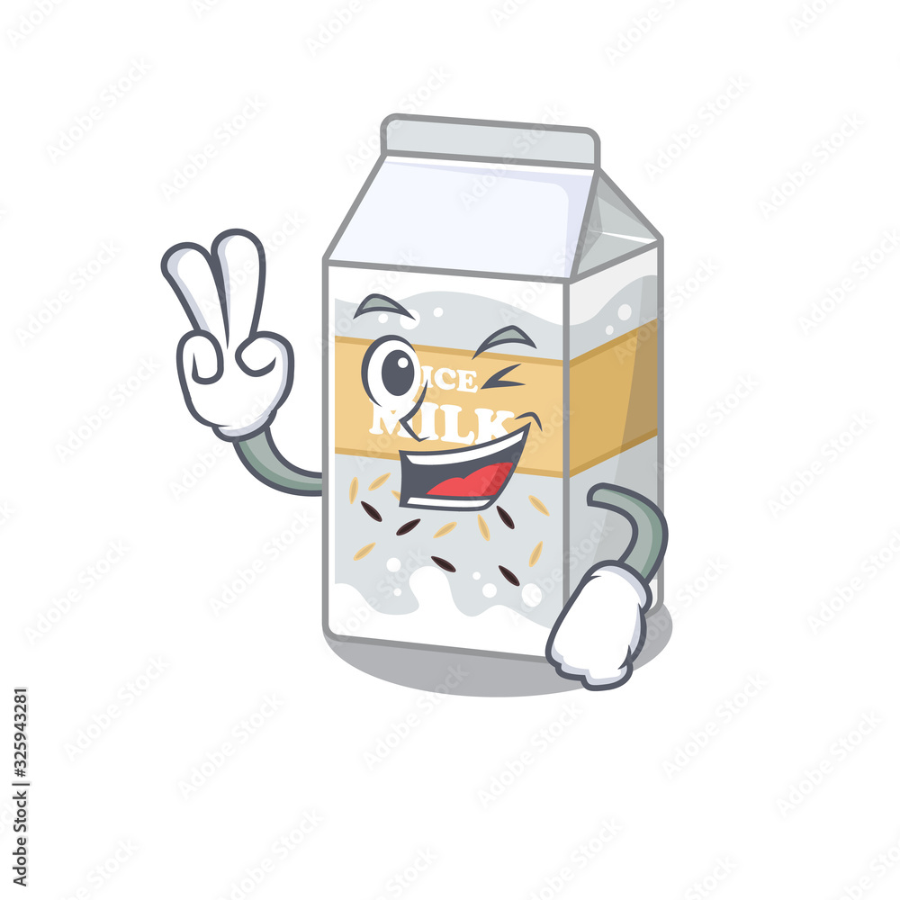 mascot of funny rice milk cartoon Character with two fingers