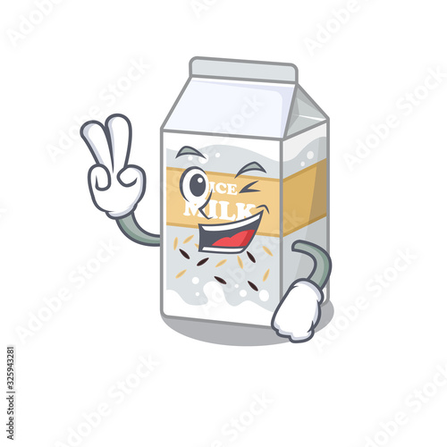 mascot of funny rice milk cartoon Character with two fingers