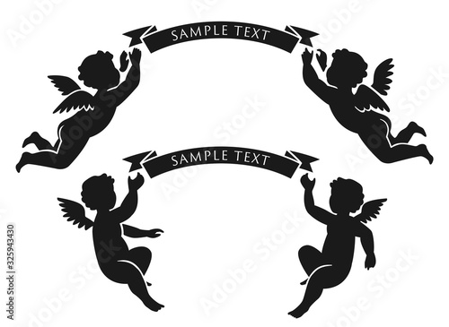 リボンを持った、ふたりの可愛い天使のシルエット