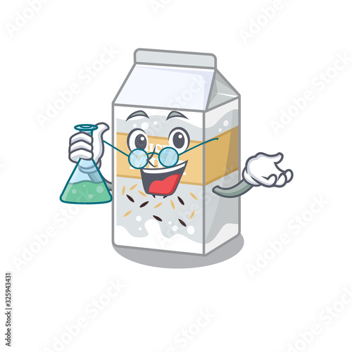 Cool rice milk Professor cartoon character with glass tube