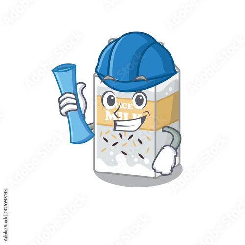 A success of rice milk Architect having blue prints and blue helmet